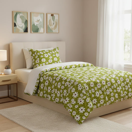White Floral Print On GreenSingle Bedsheet