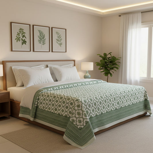 Green Hand Block Print King Size Bedsheet