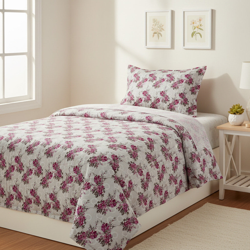 Magenta Floral Print Single Bedsheet