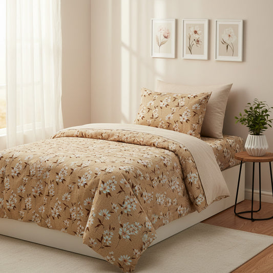 White Floral Print On Beige Single Bedsheet