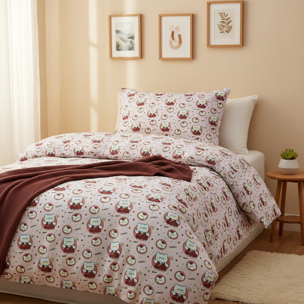 Teddy Bear Print On Pink Single Bedsheet