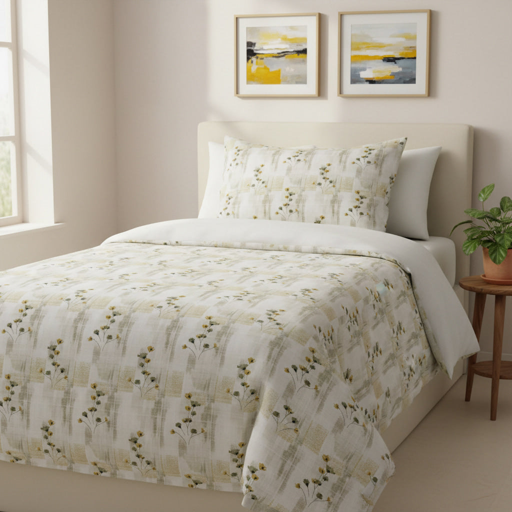 Brown Floral Print On White Single Bedsheet