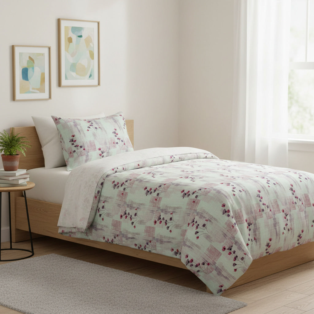 Pink Floral Print On White Single Bedsheet