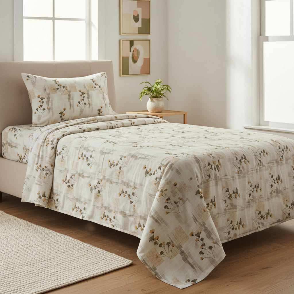 Orange Floral Print On White Single Bedsheet