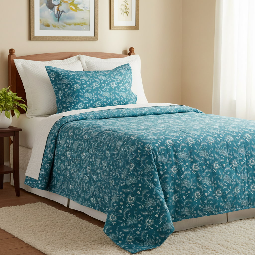 Floral Print On Blue Single Bedsheet