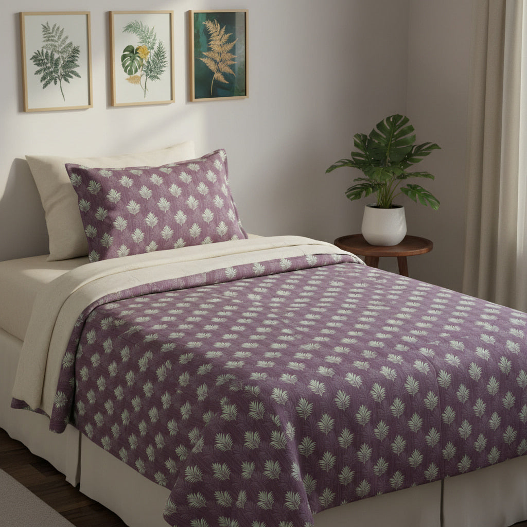 Leaf Print On Lavender Single Bedsheet