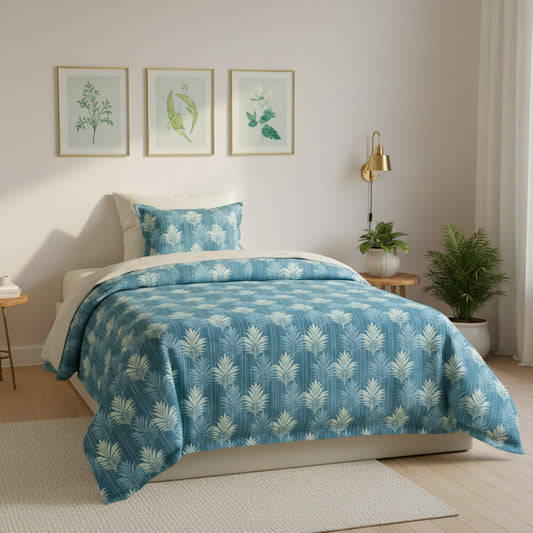 Leaf Print On Blue Single Bedsheet