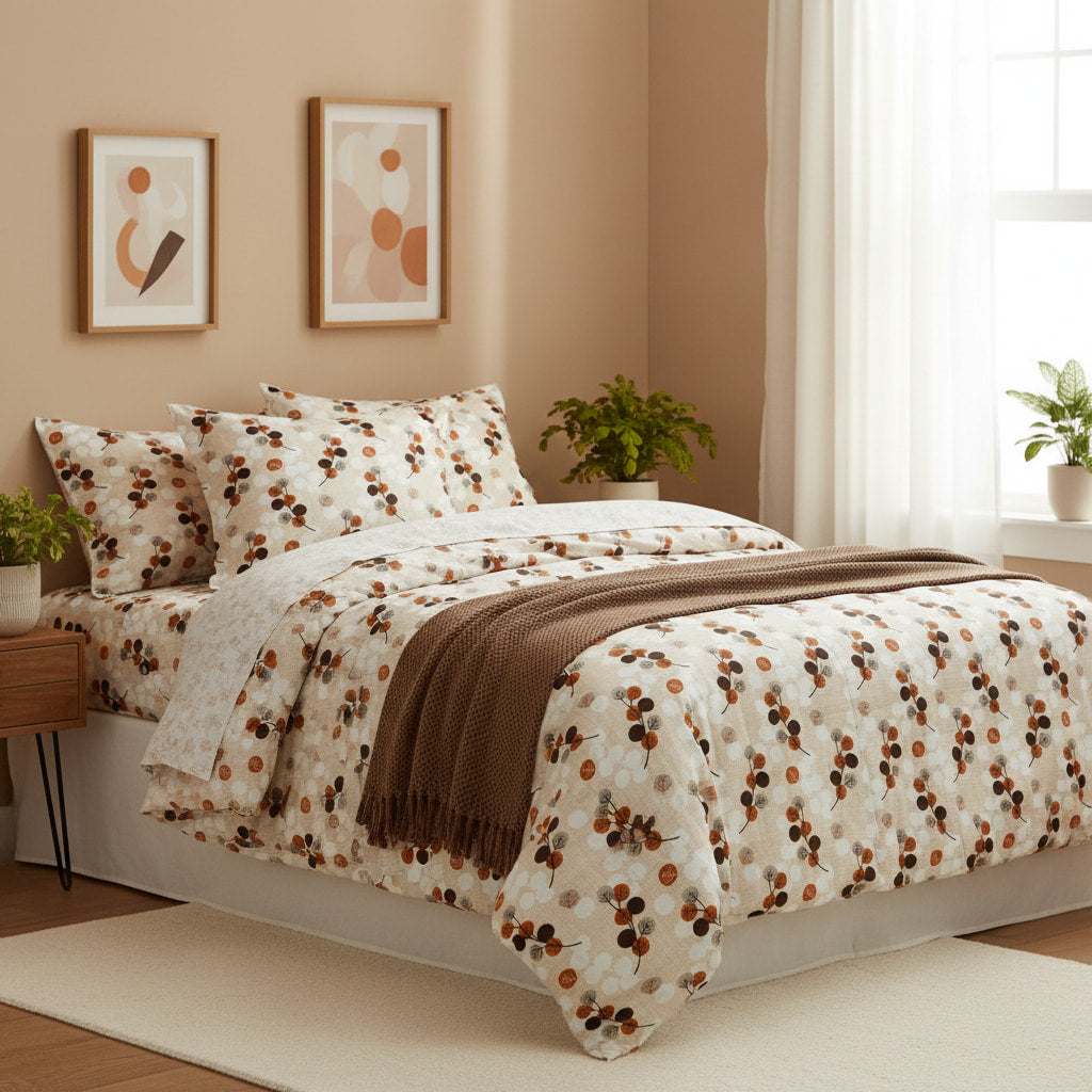 Leaf Print Peach Single Bedsheet
