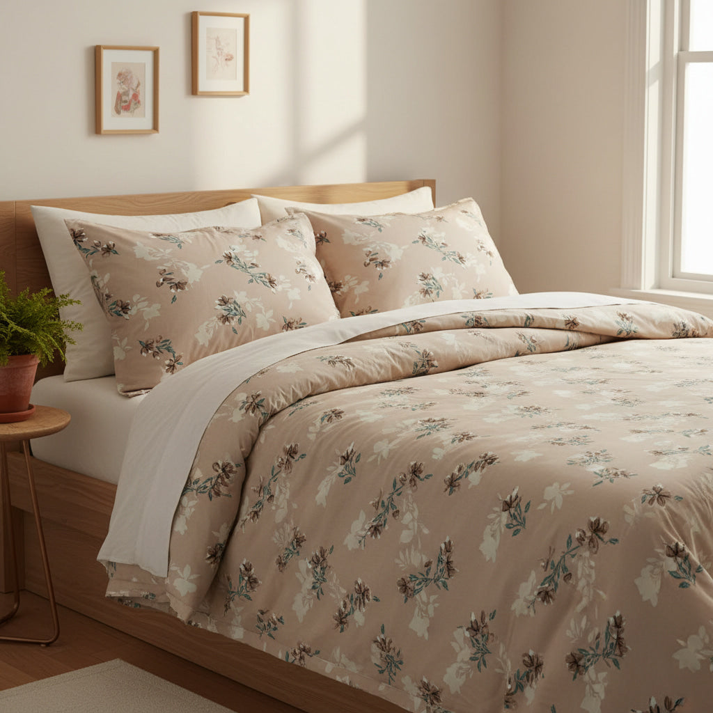 Beige Floral Queen Size Bedsheet