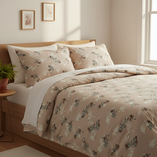 Beige Floral Queen Size Bedsheet