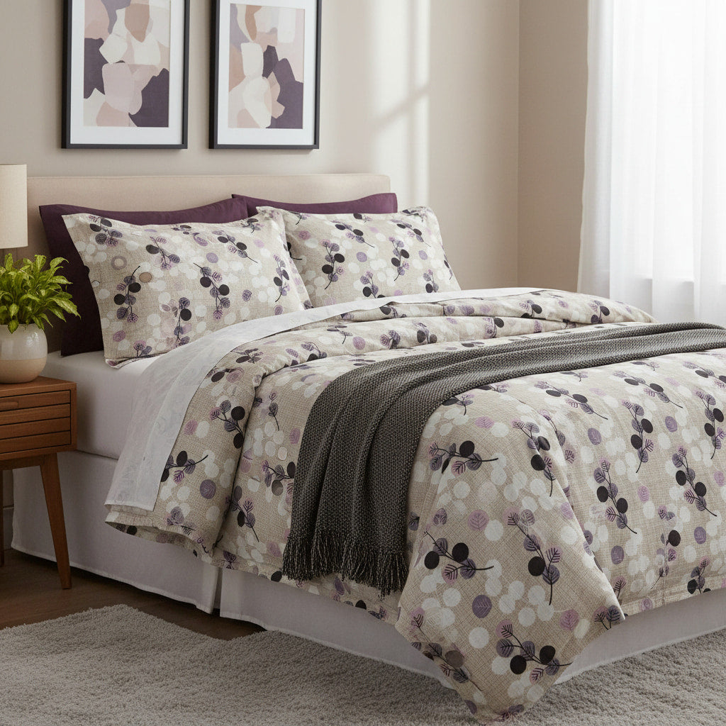 Purple Floral With Geometric Elements Queen Size Bedsheet