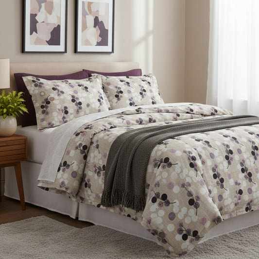 Purple Floral With Geometric Elements Queen Size Bedsheet