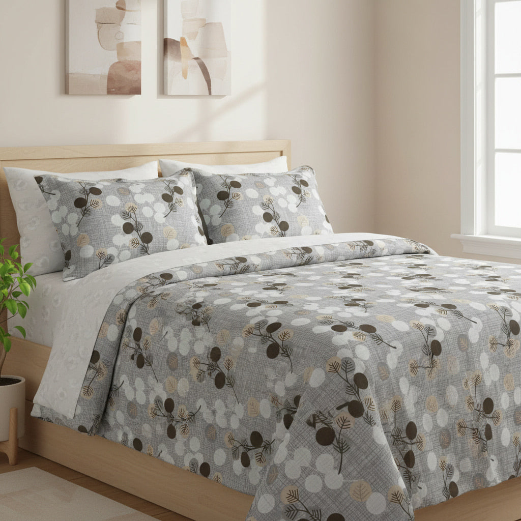 Beige Floral With Geometric Elements Queen Size Bedsheet