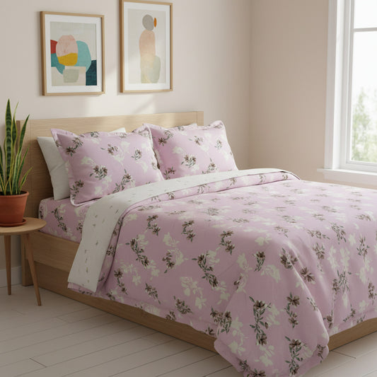 Pink Floral Print Queen Size Bedsheet