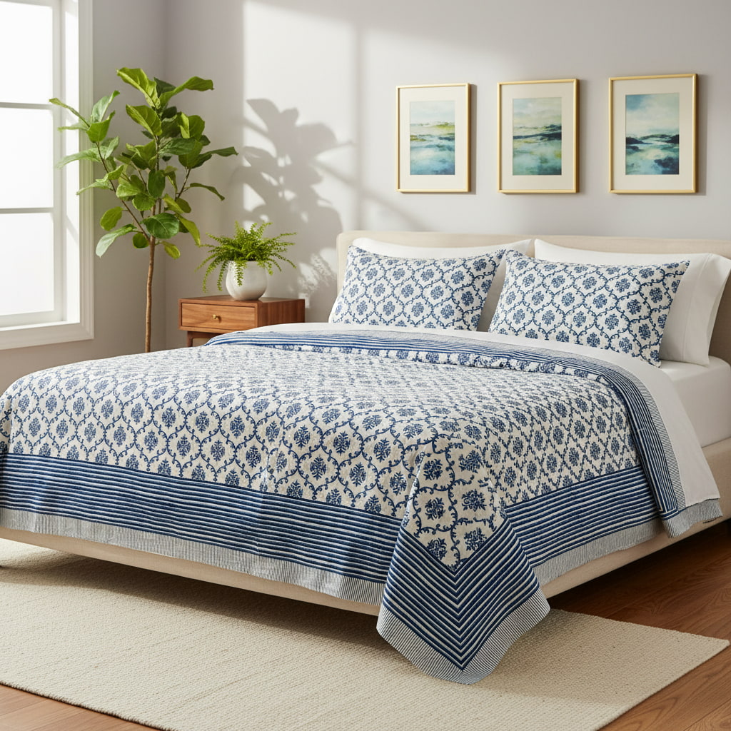 Blue Hand Block Print  King Size Bedsheet