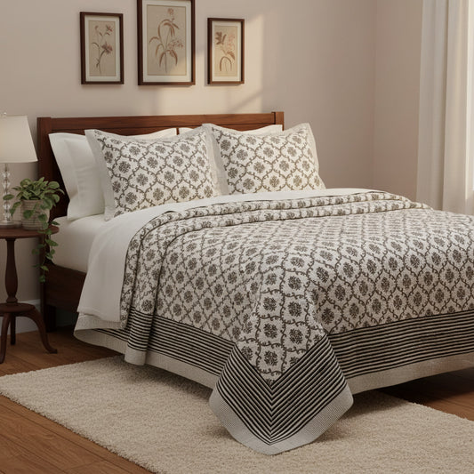 Grey Hand Block Print  King Size Bedsheet