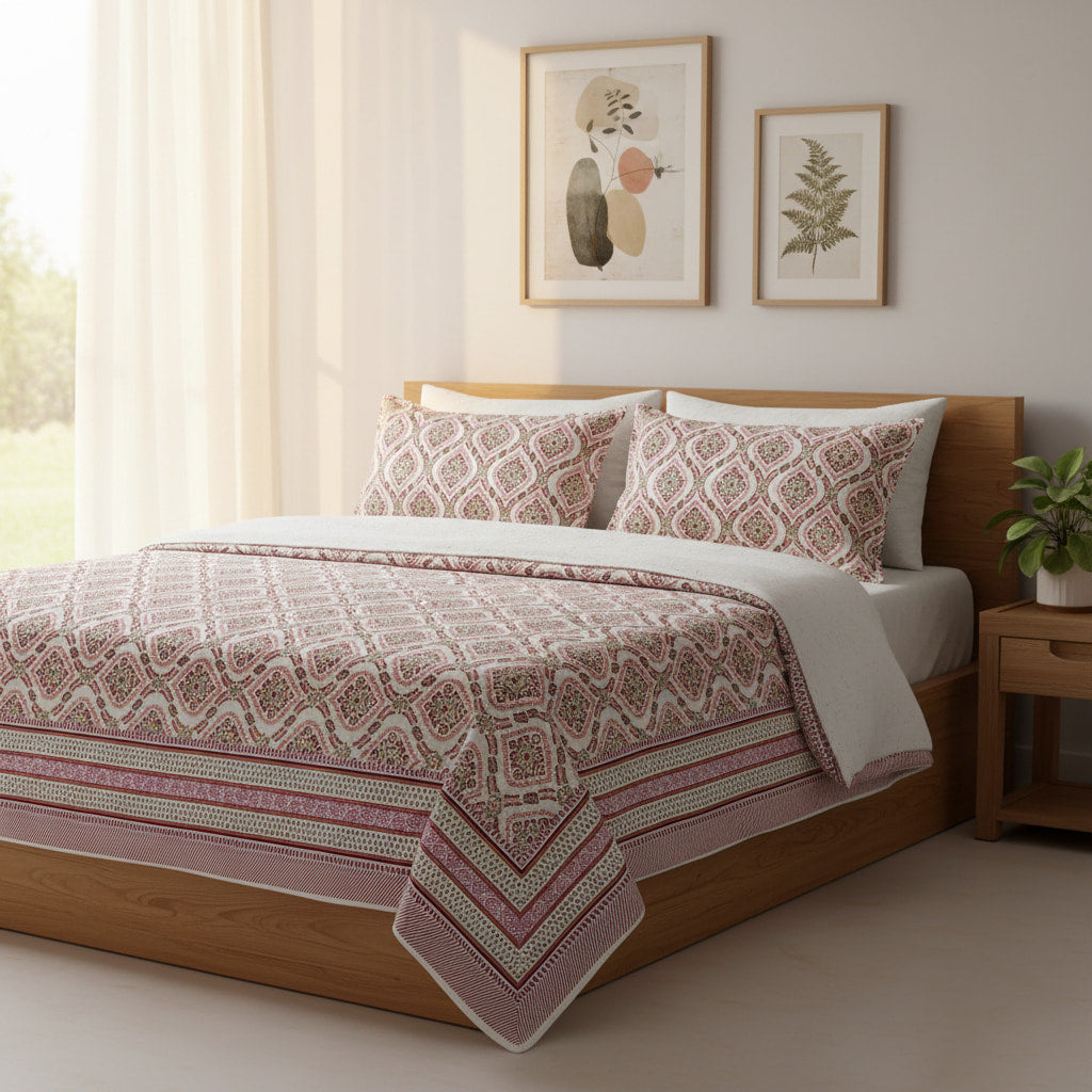 Pink Hand Block Print  King Size Bedsheet