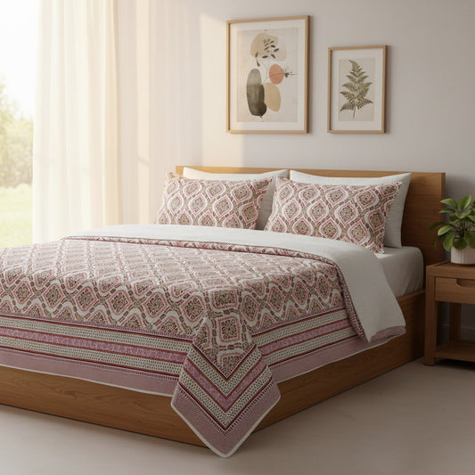 Pink Hand Block Print  King Size Bedsheet