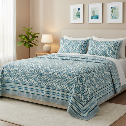 Light Blue Hand Block Print  King Size Bedsheet