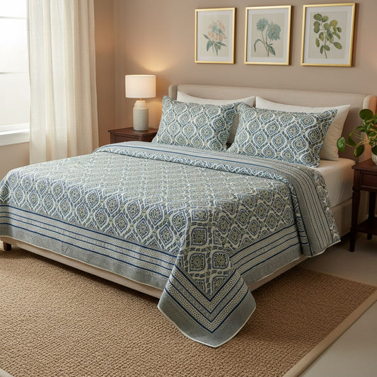 Blue Hand Block Print  King Size Bedsheet