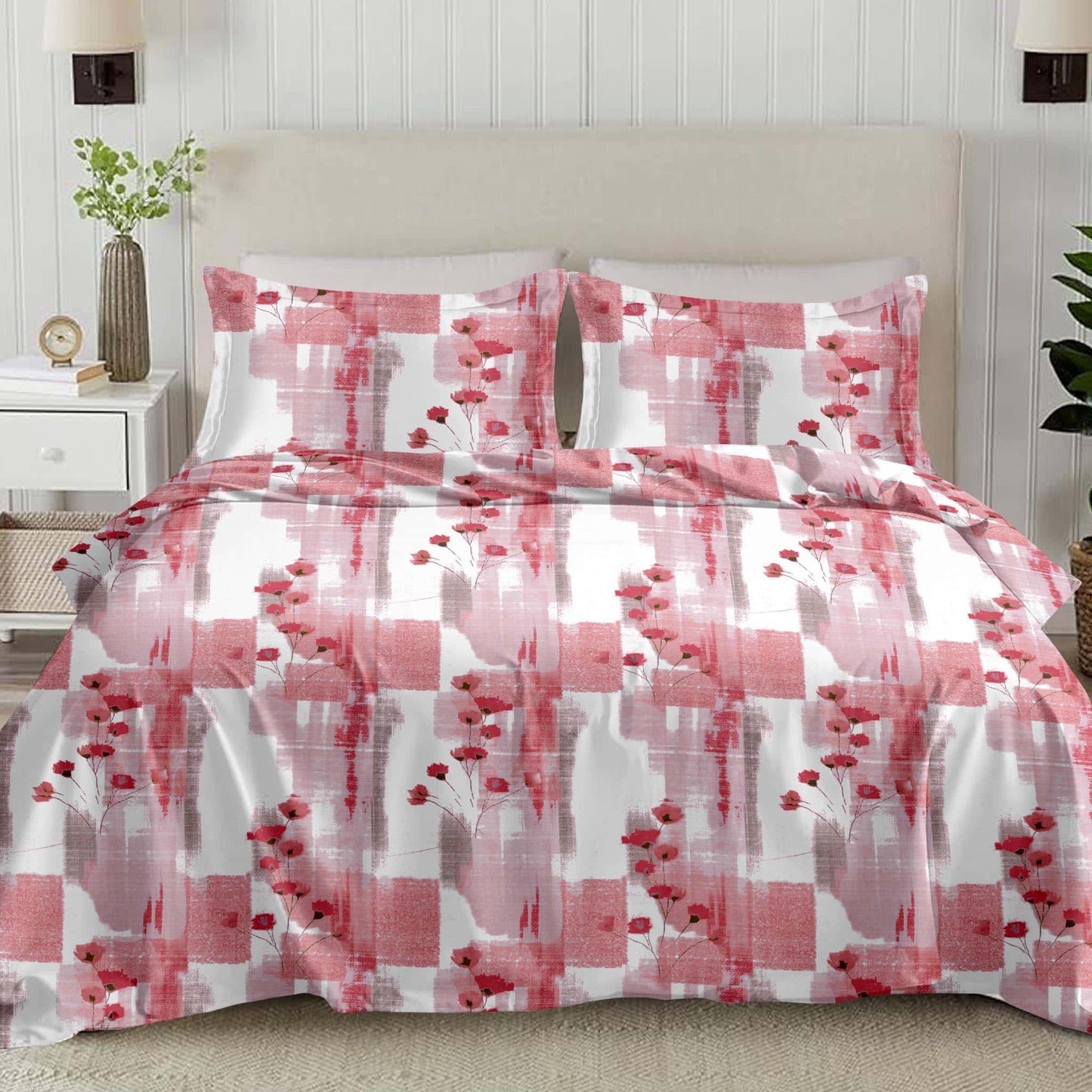 Pink Floral Print 210TC White King Size Bedsheet