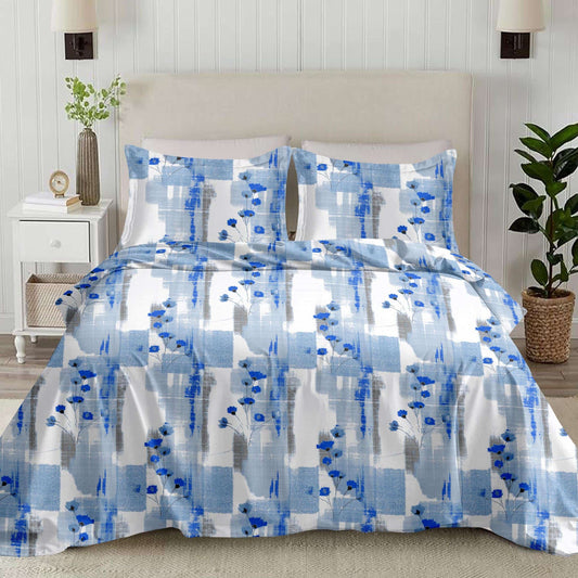 Blue Floral Print 210TC White King Size Bedsheet