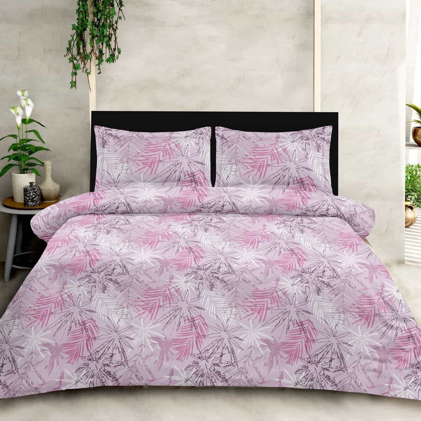 Lavender Leaf Print On Grey 180TC King Size Bedsheet