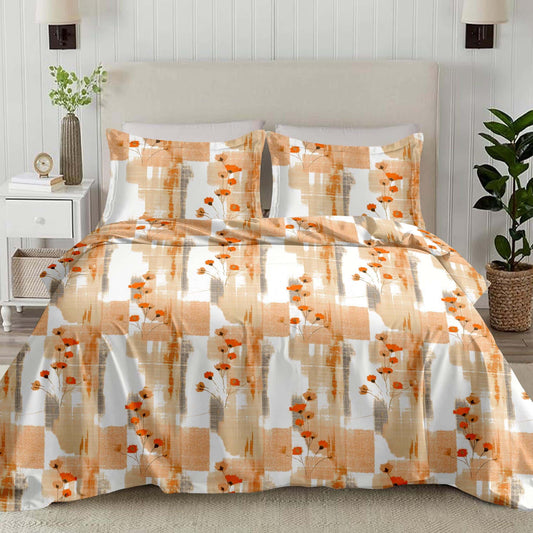 Orange Floral Print 210TC White King Size Bedsheet