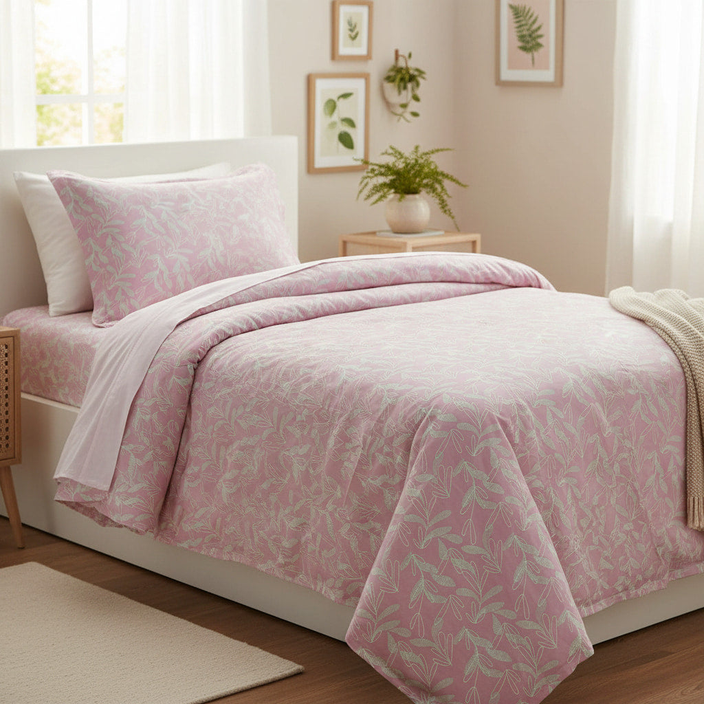 Pink Leaf Print 200TC Single Bedsheet