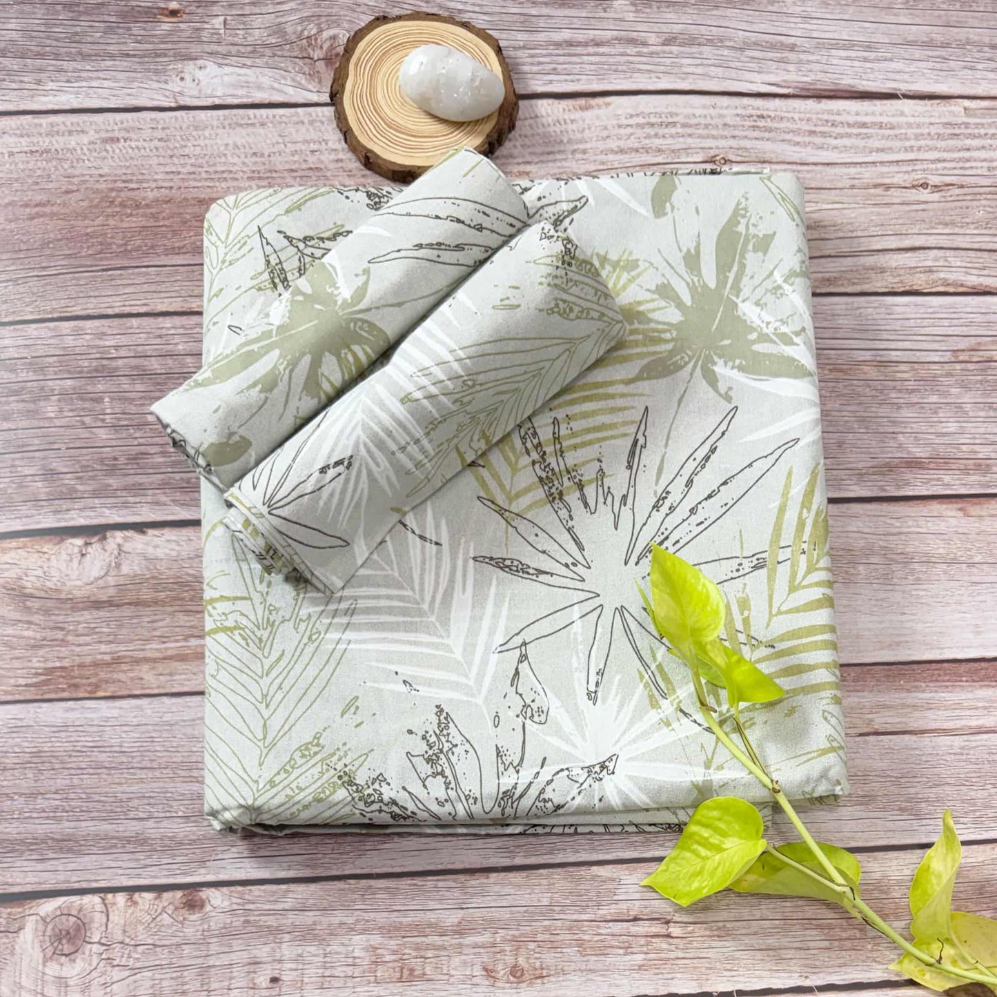 Beige Leaf Print On Grey 180TC King Size Bedsheet