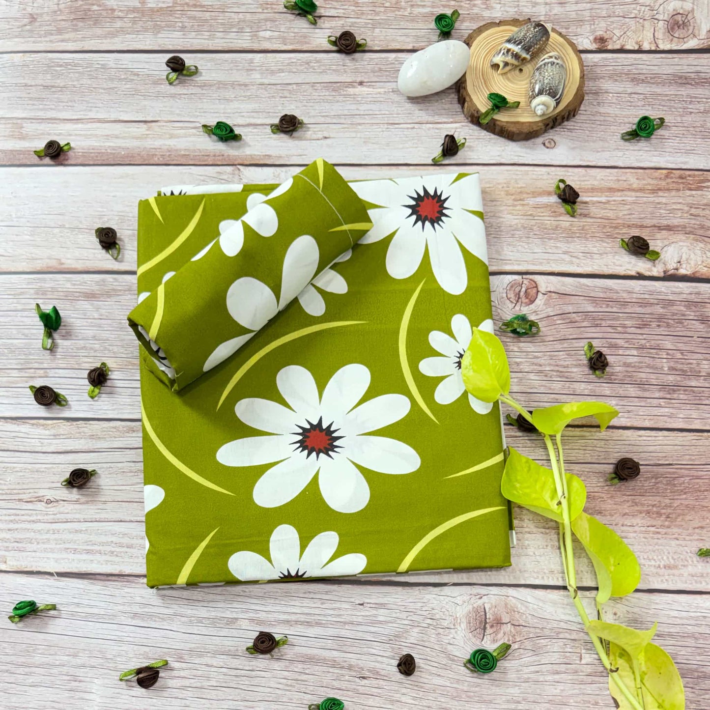 White Floral Print On GreenSingle Bedsheet