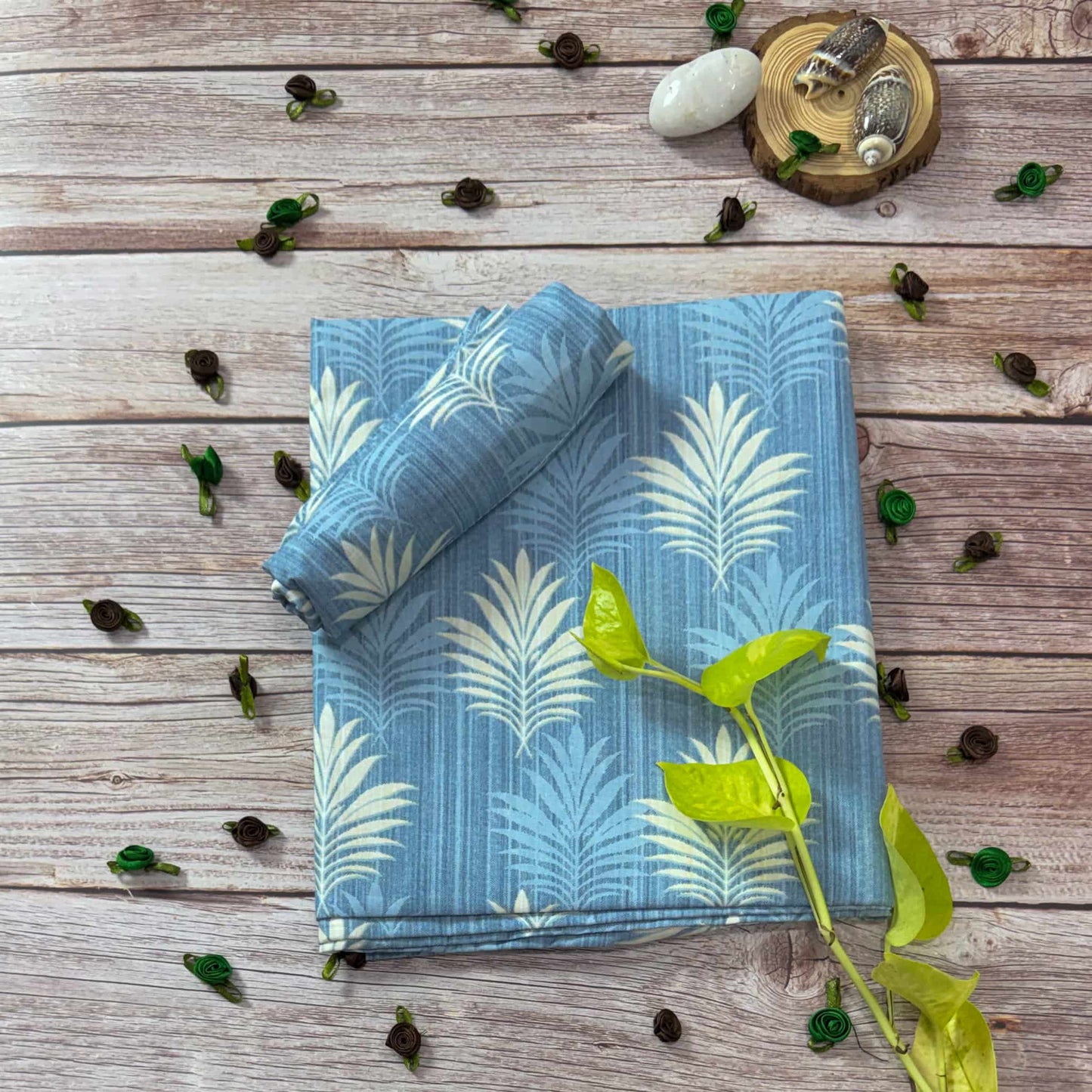 Leaf Print On Blue Single Bedsheet