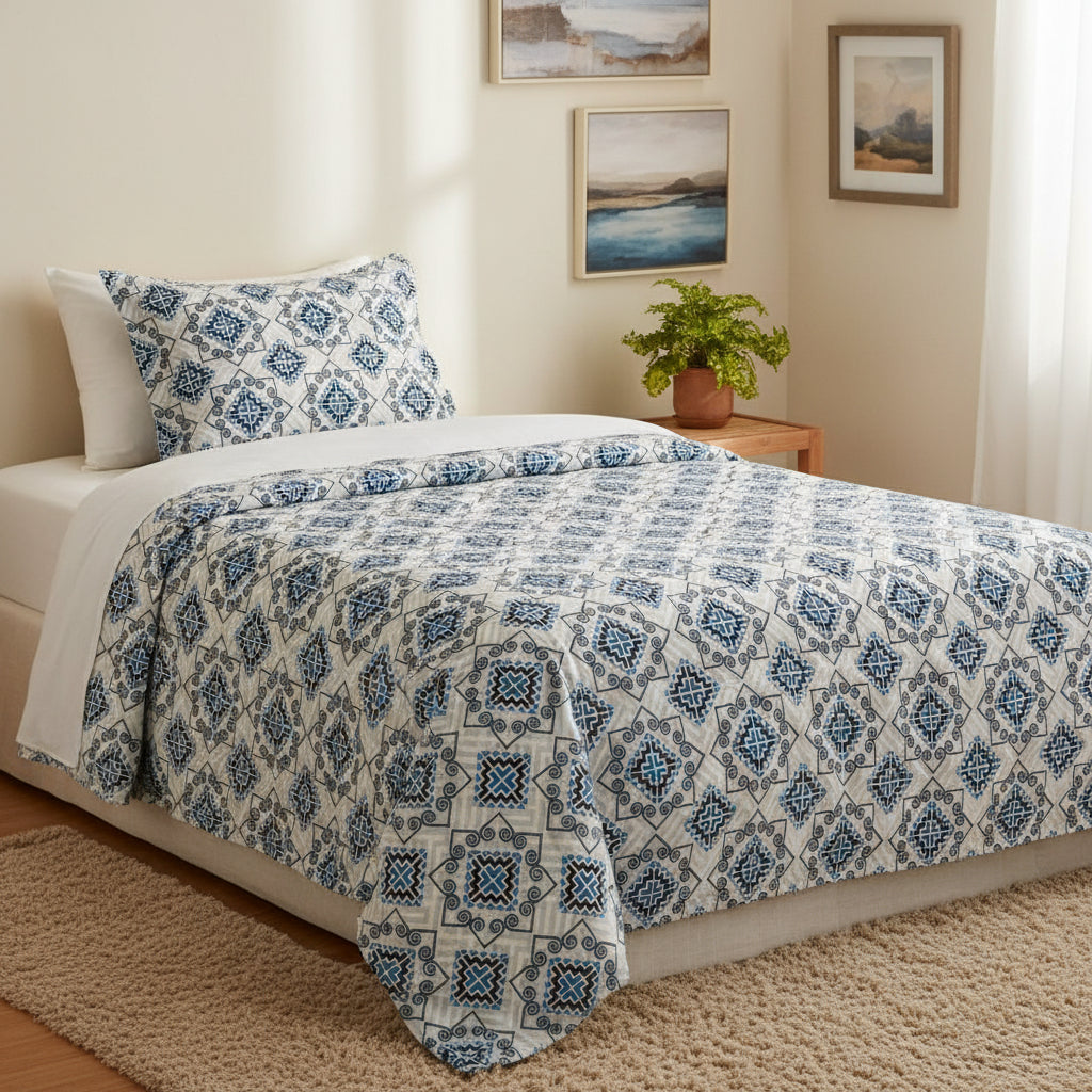 Blue Geometric Print On White Single Bedsheet