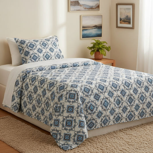 Blue Geometric Print On White Single Bedsheet