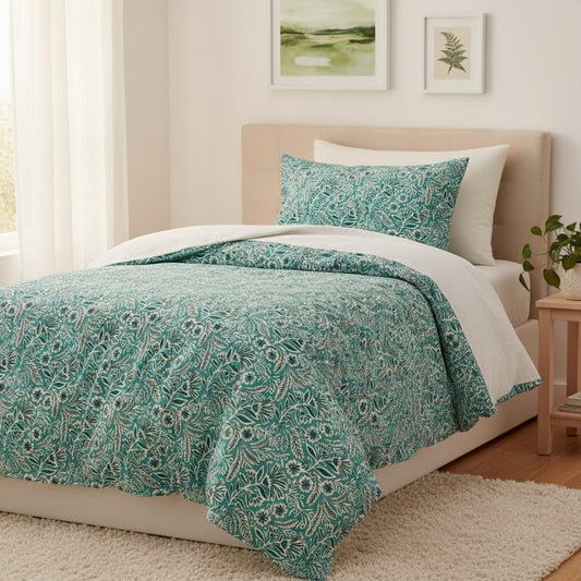 Small Floral Print On Green Single Bedsheet