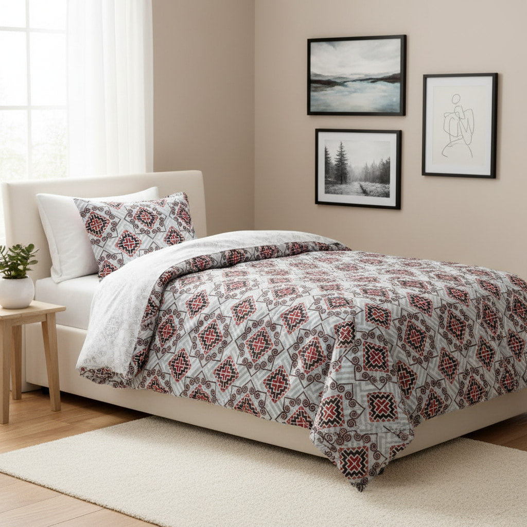 Geometric Print On White Single Bedsheet