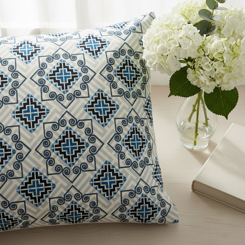 Blue Geometric Print On White Single Bedsheet
