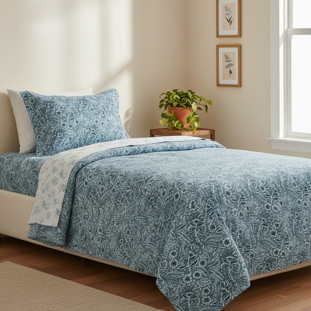 Small Floral Print On Blue Single Bedsheet