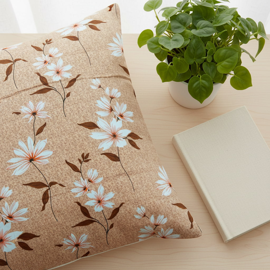 White Floral Print On Beige Single Bedsheet