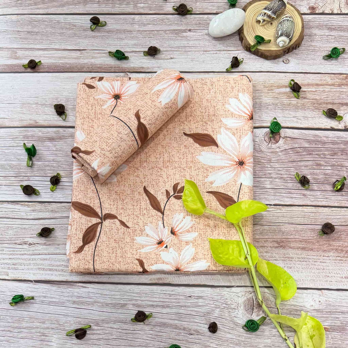 White Floral Print On Beige Single Bedsheet