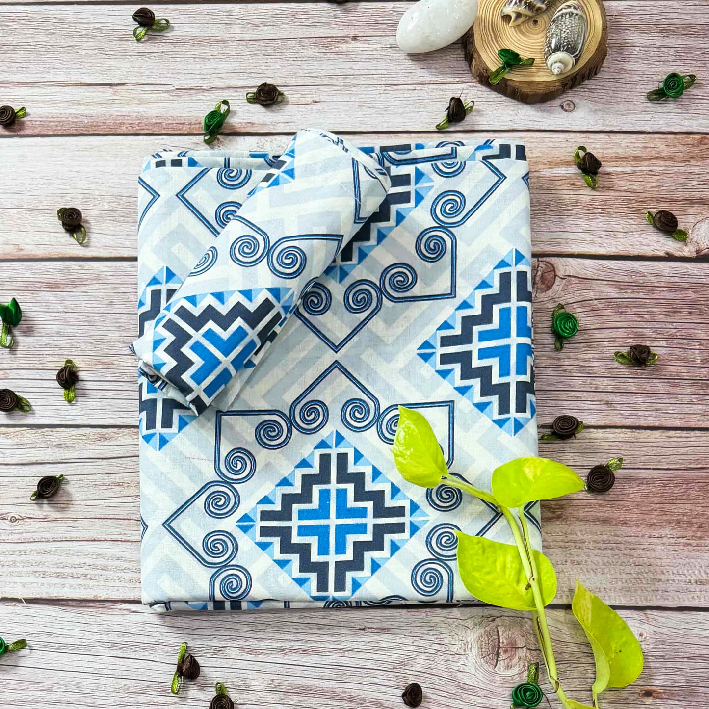 Blue Geometric Print On White Single Bedsheet