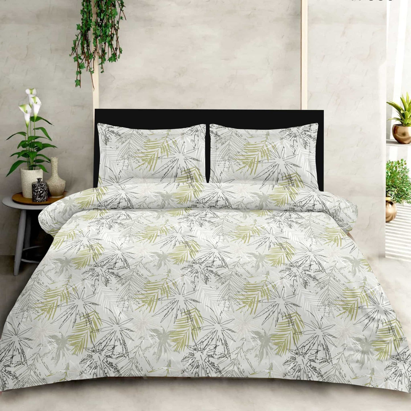 Beige Leaf Print On Grey 180TC King Size Bedsheet
