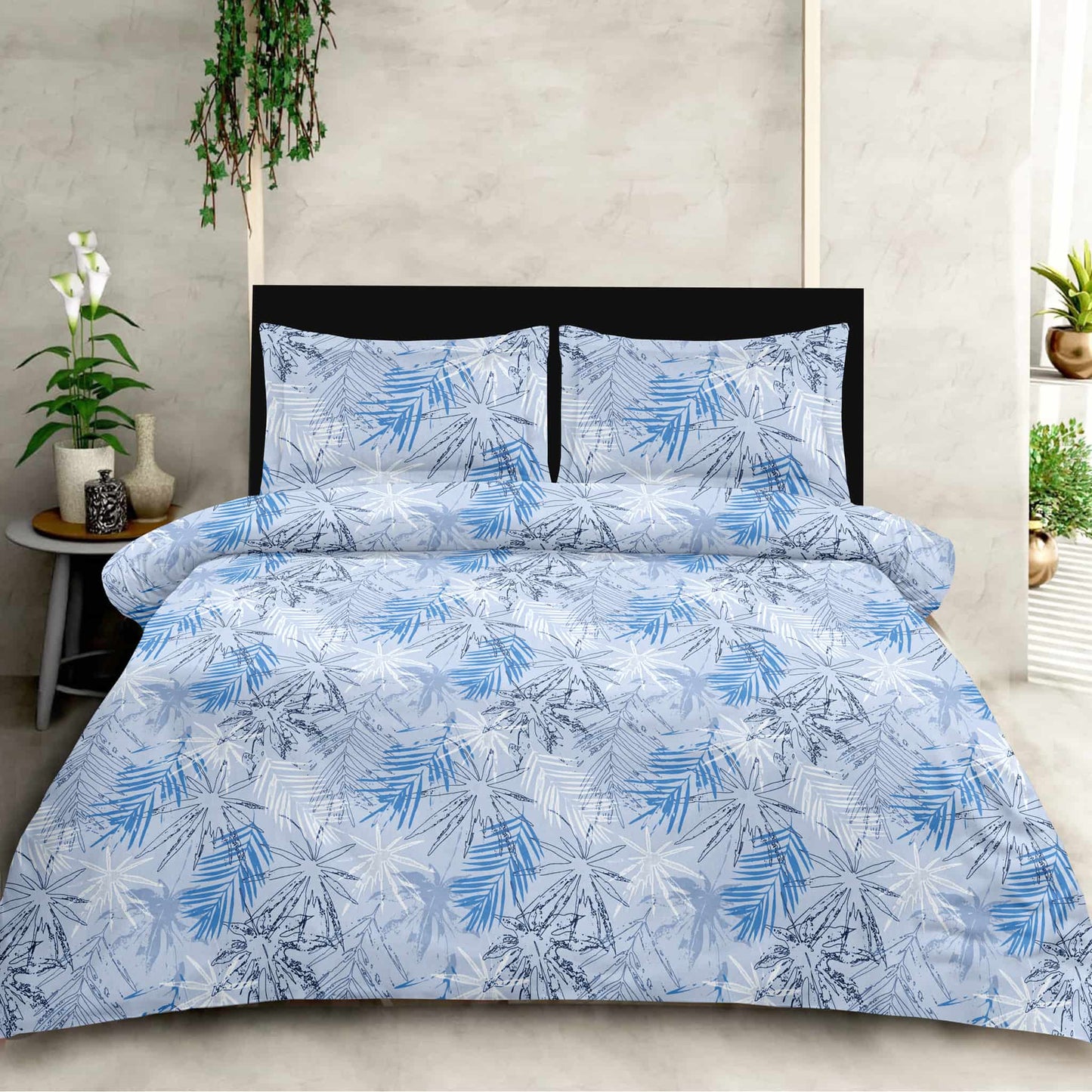 Blue Leaf Print On Grey 180TC King Size Bedsheet