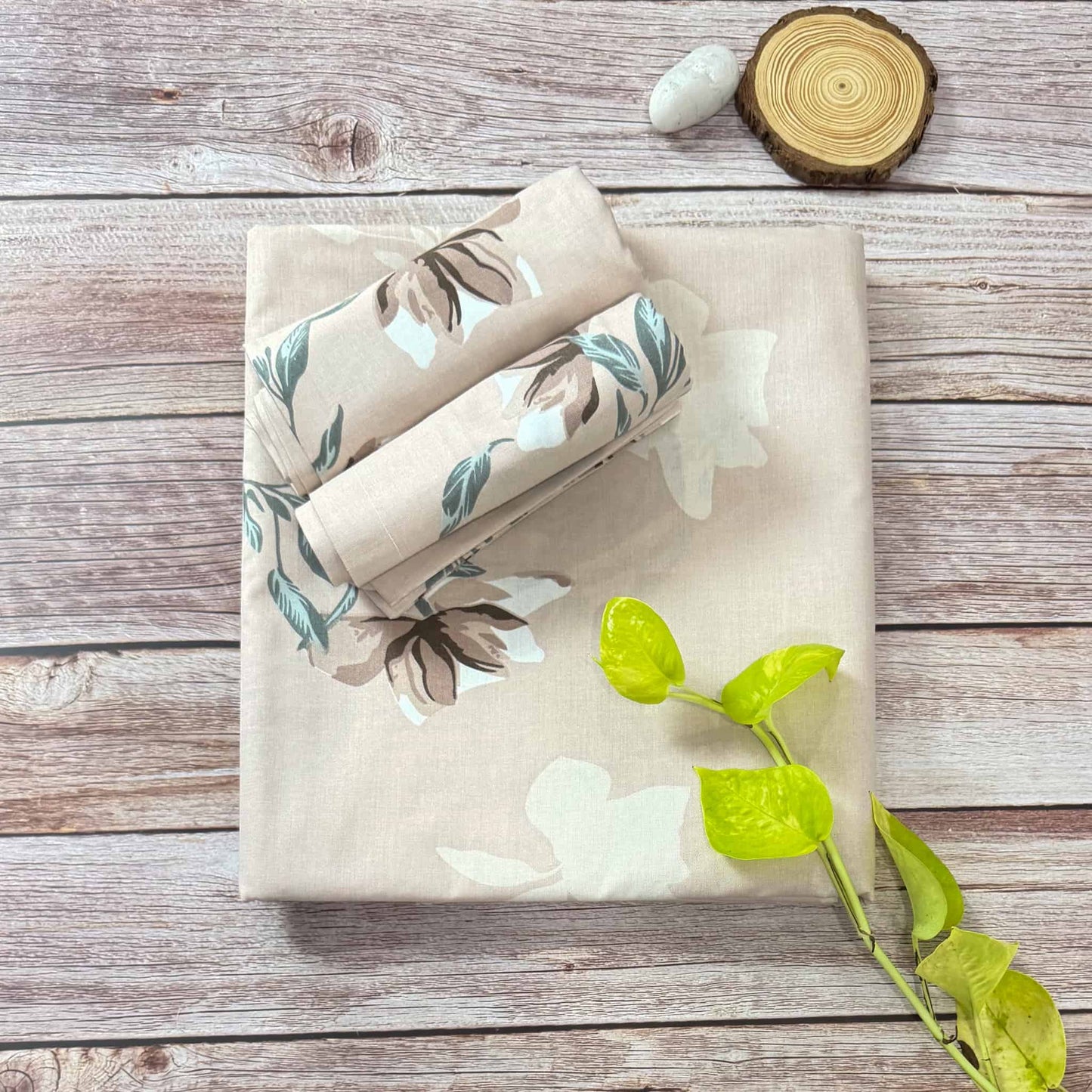 Beige Floral Queen Size Bedsheet