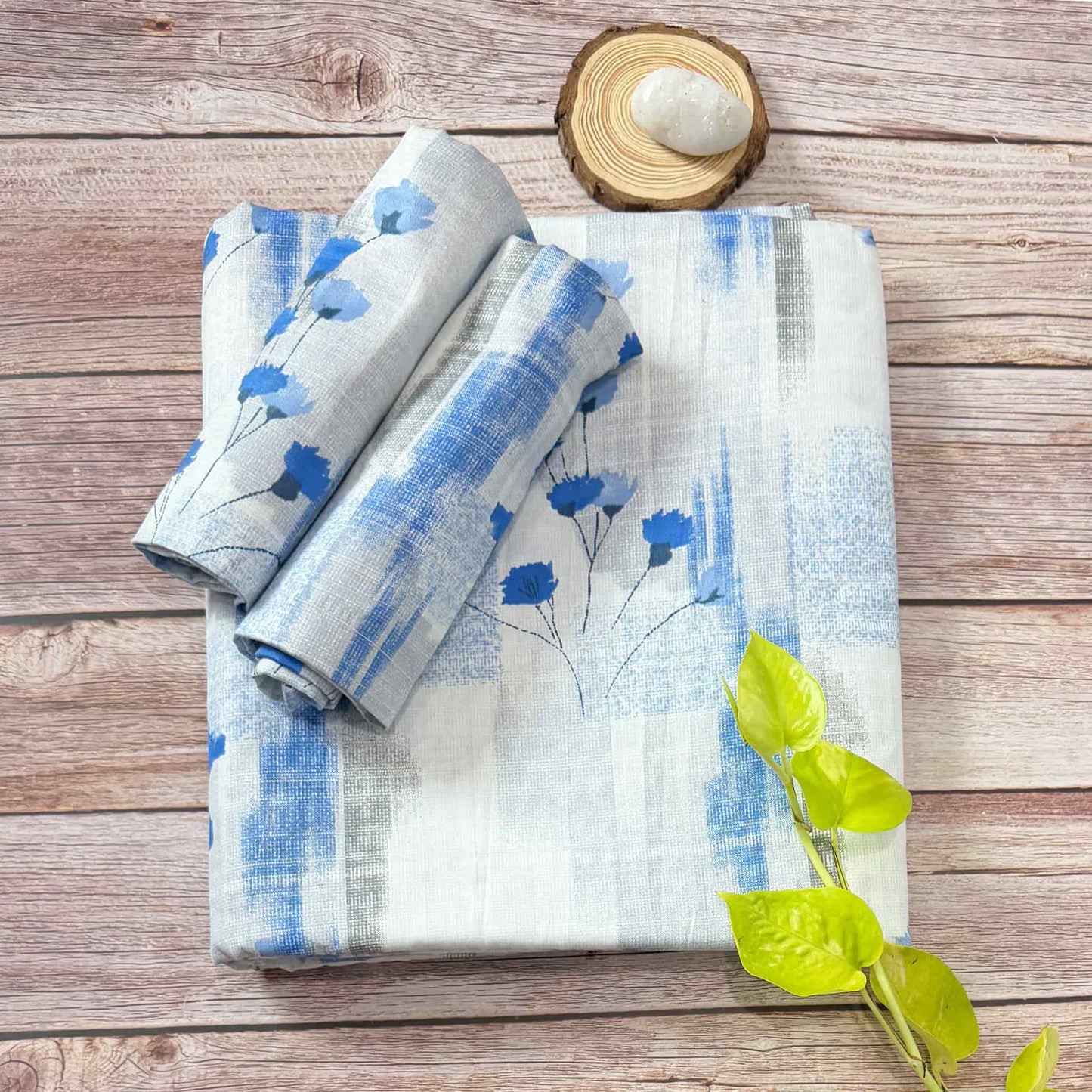 Blue Floral Print 210TC White King Size Bedsheet