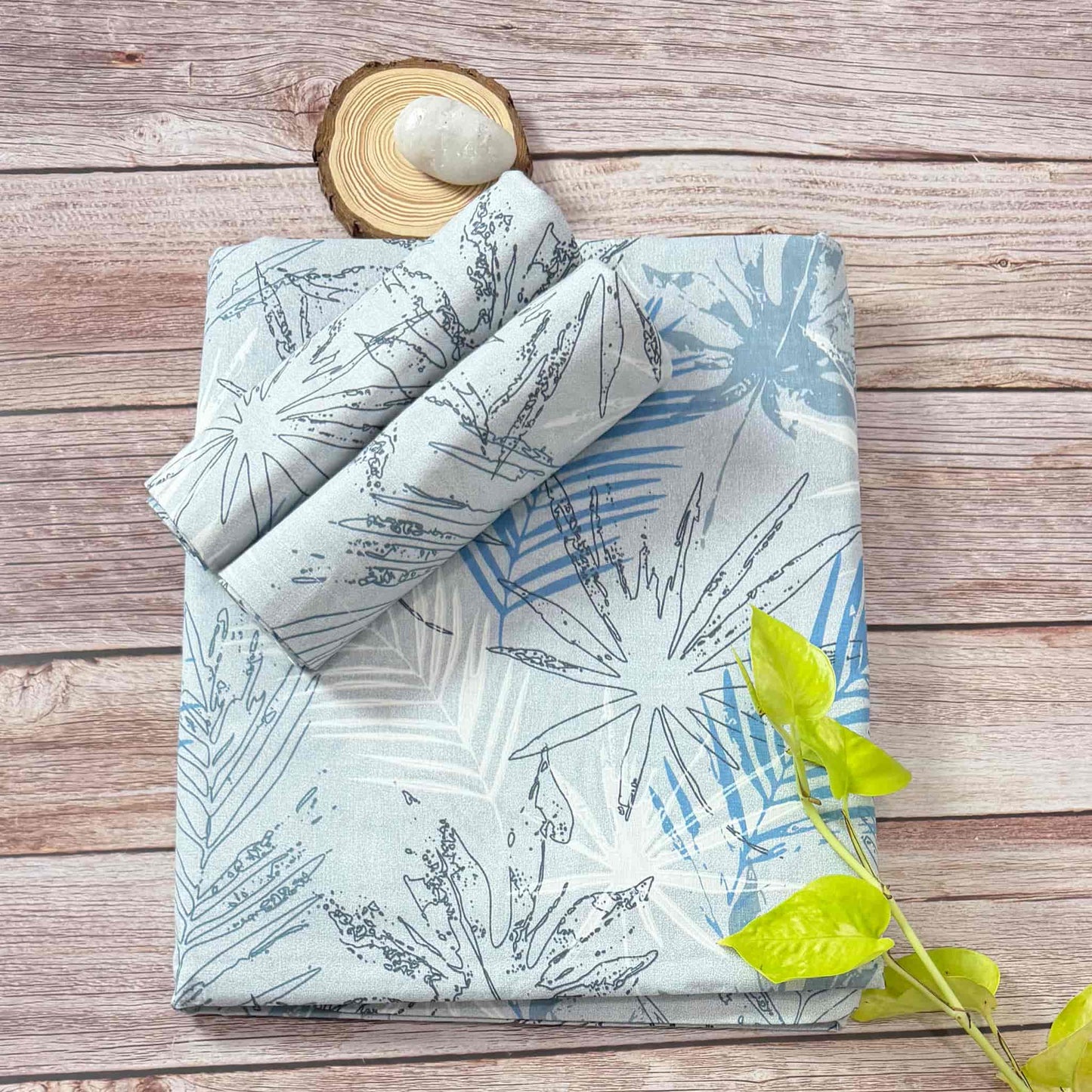 Blue Leaf Print On Grey 180TC King Size Bedsheet
